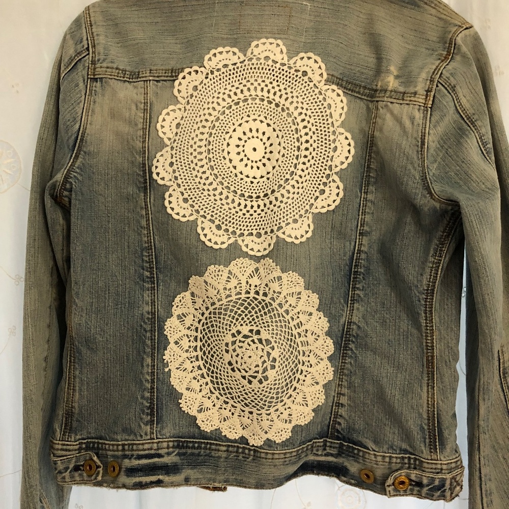 Ralph Lauren Boho jean Jacket with Hand Crochet Lace Doilies on back